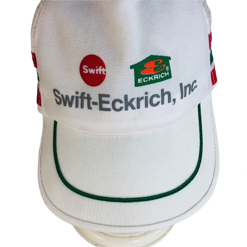 3 Stripe Trucker Hat Swift Eckrich Bars SnapBack Mesh Cap Made In USA White VTG